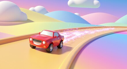 Red Cartoon Car Driving on a Colorful Road