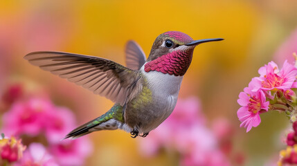 Fototapeta premium Male Annas Hummingbird Hovering Near Pink Flowers Fast Winged Jewel of Nature