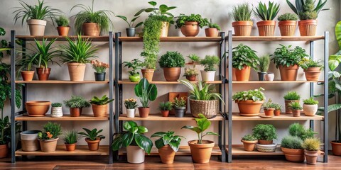 Fototapeta premium Industrial shelving unit filled with lush greenery and various house plants in terracotta pots on open shelves