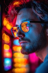  Man with glasses reflecting neon lights in a dark tech environment