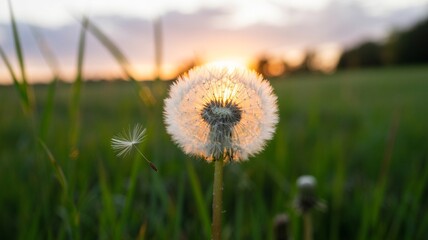 Dandelion clock with seed head illuminated by golden sunset sunlight in a green meadow