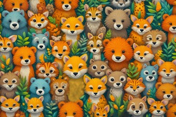 Fototapeta premium Woodland crowd of adorable forest animals peek through colorful leaves, each with a curious gaze and gentle smile. A playful portrait of nature's most beloved creatures.