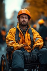 Construction worker in wheelchair wearing safety gear outdoors