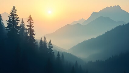 landscape, scenic mountain, pine trees, mist, fog, sunlight, hazy, atmospheric, moody, tranquil, serene, dreamlike