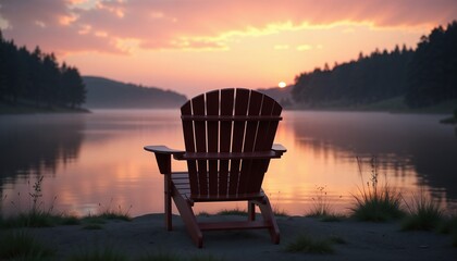 Empty chair facing calm lake at dusk in warm fading light