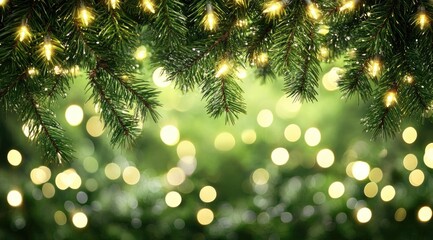 Festive Christmas greenery with warm lights.  Emerald boughs draped with twinkling fairy lights create a backdrop of soft, glowing bokeh