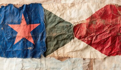 Faded, distressed flag with a star, showing signs of age and wear.  Patches of color?blue, red, and green?with creased, torn fabric.  Background of weathered, rough texture