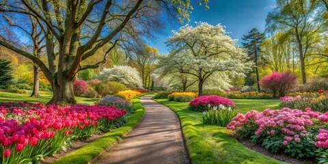Obraz premium Curved path through banks of Azeleas and under dogwood trees with tulips under a blue sky - Beauty in nature , springtime scene , flower-filled meadow