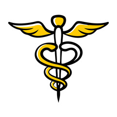 Caduceus symbol in bright yellow and black illustration style  