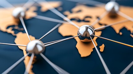 The image shows a network of interconnected metallic spheres positioned over a stylized world map.  The spheres and connecting rods represent a global network or interconnected system.