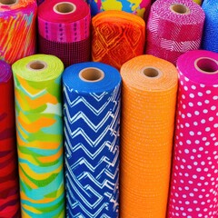 Colorful fabric rolls in various patterns and vibrant colors.  Different designs and hues on cylinders