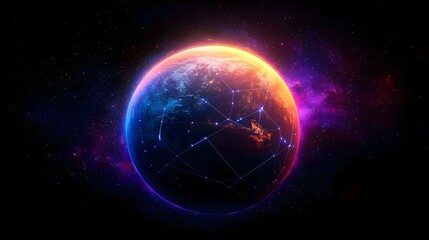Fototapeta premium A vibrant, stylized rendering of Earth encased in a glowing nebula, adorned with a network of interconnected lines, symbolizing global connectivity.