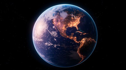 A digital rendering of planet Earth, viewed from space, showcasing the nighttime illumination of North and Central America, contrasting with the darkness of the oceans and the scattered starlight of