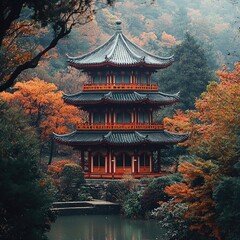 Traditional Japanese wooden pavilion in garden surrounded by autumn trees with red, yellow, and orange foliage, path leading to entrance. Generative by AI.