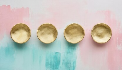 Four gold-toned, shallow bowls arranged in a row against a backdrop of teal and pink watercolor washes