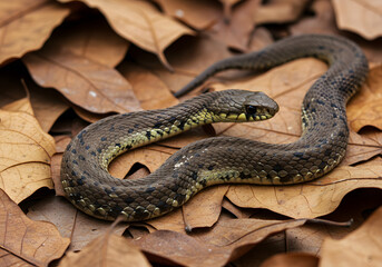 Fototapeta premium Brown snake on autumn leaves