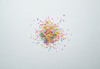 Colorful sprinkles scattered on a white surface.  A cluster of small, round, brightly colored sprinkles are densely packed together