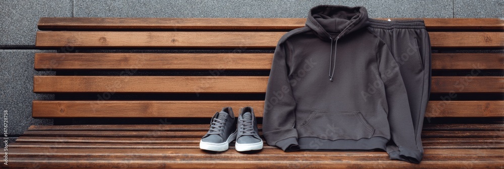 Aufkleber hoodie and joggers laid neatly on a wooden bench in a modern urban setting with space for text above