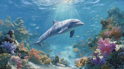 Fototapeta premium Dolphin swimming in vibrant coral reef with sunbeams shining through clear tropical ocean water