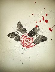 Two butterflies and a red rose drawn in ink like a Rorschach test. With red blood splashes.