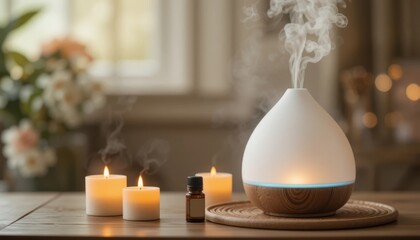 An ambient scene with a minimalist white diffuser emitting vapor, surrounded by soft candles in a cozy indoor setting, ideal for relaxation and wellness themes.