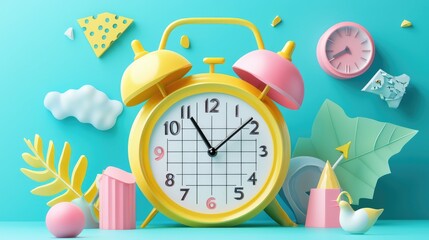 Colorful timepiece surrounded by playful decorative elements.