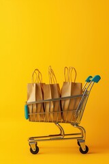 Shopping cart full of brown paper bags on vibrant yellow background