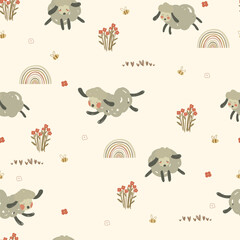 Hand drawn seamless pattern with cute sheeps, flowers, bees and hearts. Vector illustrtaion.  © Юлия Ткачук