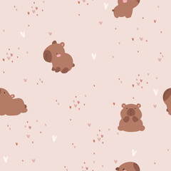 Capybara pattern with hearts different sizes on pink background. Vector illustration for wrapping paper, clothes, facbric, for party.	
