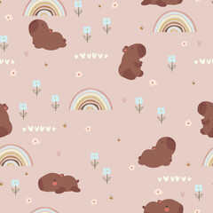 Cute rainbows, bees , flowers and capybara, seamless pattern.	
