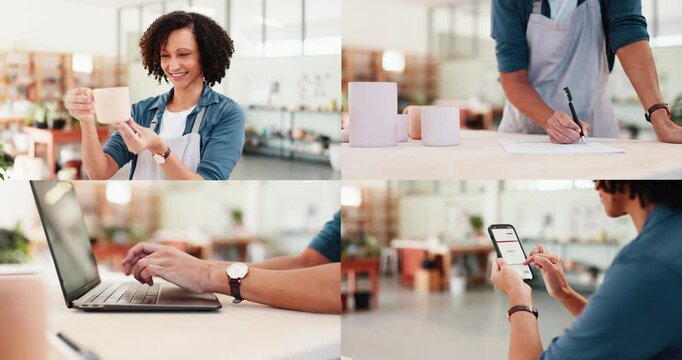 Woman, technology and potter in workshop for small business, inventory management and stock checklist. Entrepreneur, phone and series in startup for photography, social media marketing and smile