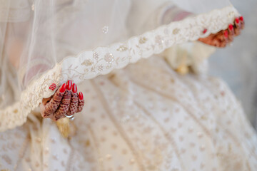 Bridal hands with henna and red nails holding a delicate, embroidered veil over a patterned gown....