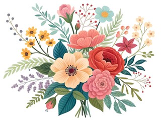 Delicate Watercolor Floral Arrangement on White Background with Spring Color Palette