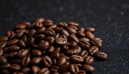 A handful of dark roasted coffee beans with a glossy surface, evoking freshness, aroma, and the richness of coffee, perfect for food or beverage marketing.
