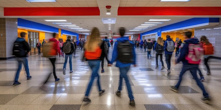 School hallway filled with students