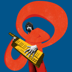 Bearded man playing yellow keytar with expressive gesture over blue background with red abstract...