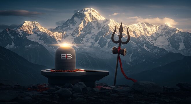 Shiva Lingam and Trishul in Mountain Landscape