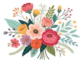 Colorful floral bouquet illustration with various flower types and leaf accents