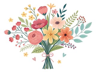 Delicate floral bouquet arrangement illustration with soft pastel colors and charming details