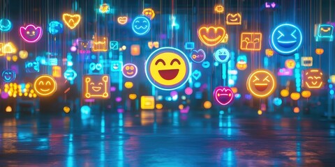 Obraz premium Floating neon emojis for service review on night backdrop