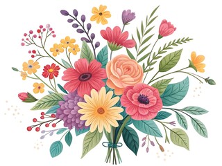 Delicate watercolor bouquet of flowers and foliage, a celebration of spring