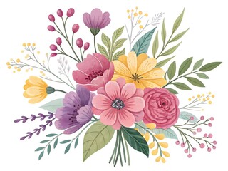 Watercolor Flower Bouquet Arrangement with Roses and Berries on White Background