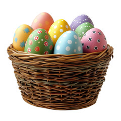 Colorful decorated easter eggs in a wicker basket cutout isolated on transparent bg, png