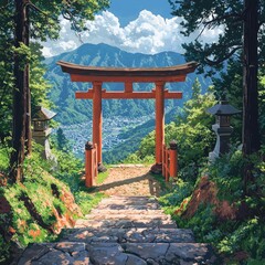 Pathway lined with multiple bright orange torii gates curving through a misty forest trail in mountainous terrain. Generative by AI.