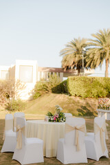Elegant outdoor table setting with floral centerpiece, surrounded by chairs with ribbons, creating a charming atmosphere for a special event.