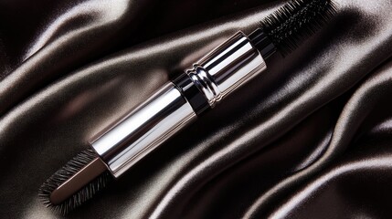 Naklejka premium Brow mascara in light-colored tube with metallic label, lying on silk