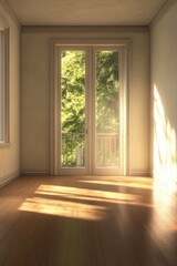 Interior architecture showcasing a sunlit room with double doors leading to a balcony view of lush green trees