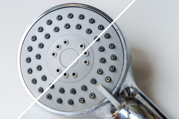 Close-up of a shower head before and after cleaning — visible limescale buildup removed, showcasing cleaning product effectiveness and water quality issues.