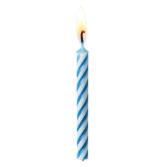 Blue and white striped birthday candle with a flame cutout isolated on transparent bg, png