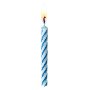 Blue and white striped birthday candle with a flame cutout isolated on transparent bg, png